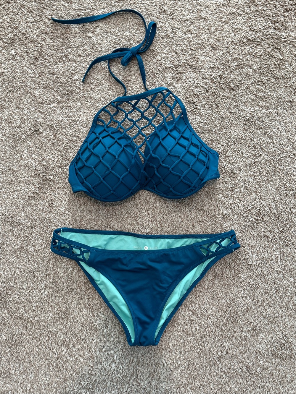 Shade & Shore Teal Lattice High-Neck Bikini Set